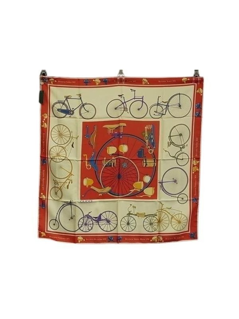 Gucci Scarf Red Multicolor Silk 100% Large Bicycle Pattern